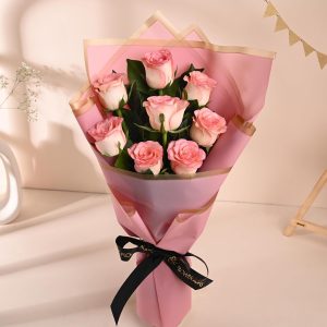 FlowerAura Premium Fresh Live Flower Bouquet of 8 Pink Roses In Designer Paper Gift For Birthday | Anniversary | Love | Home Decor | Fathers Day Gift For Dad